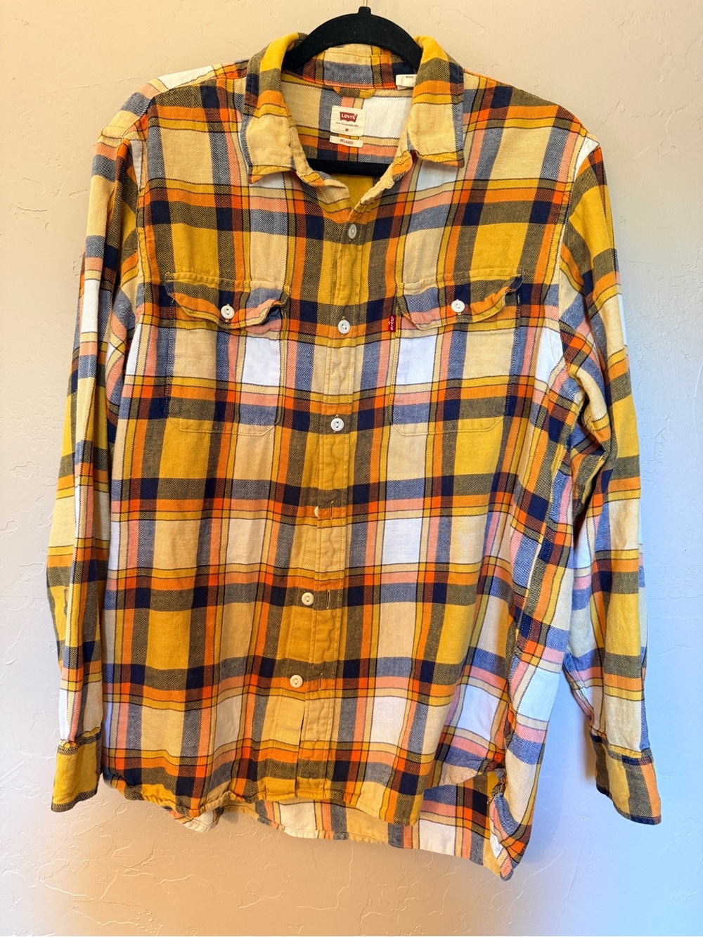 Levi's Men's Yellow Plaid Button-Down Shirt with Navy & White Accents
